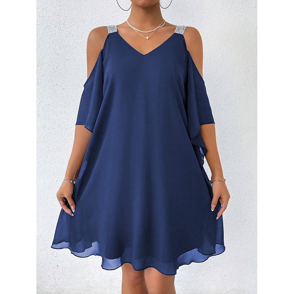 Damen Chiffon-Kleid Elegant Feste Farbe Minikleid Ärmellos Kalte Schulter V Ausschnitt Rüsche Gitter Lockere Passform Täglich Marineblau Sommer Frühling Herbst Lightinthebox