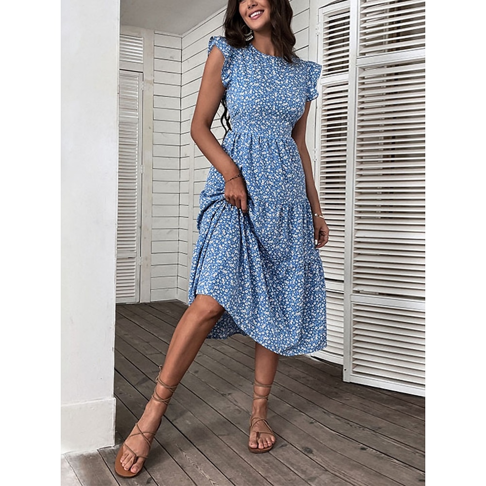 Damen Casual kleid A Linie Kleid Stilvoll Brautkleider schlicht Blumen Midikleid Ärmellos Rundhalsausschnitt Rüsche Bedruckt Regular Fit Urlaub Täglich Blau Sommer Lightinthebox