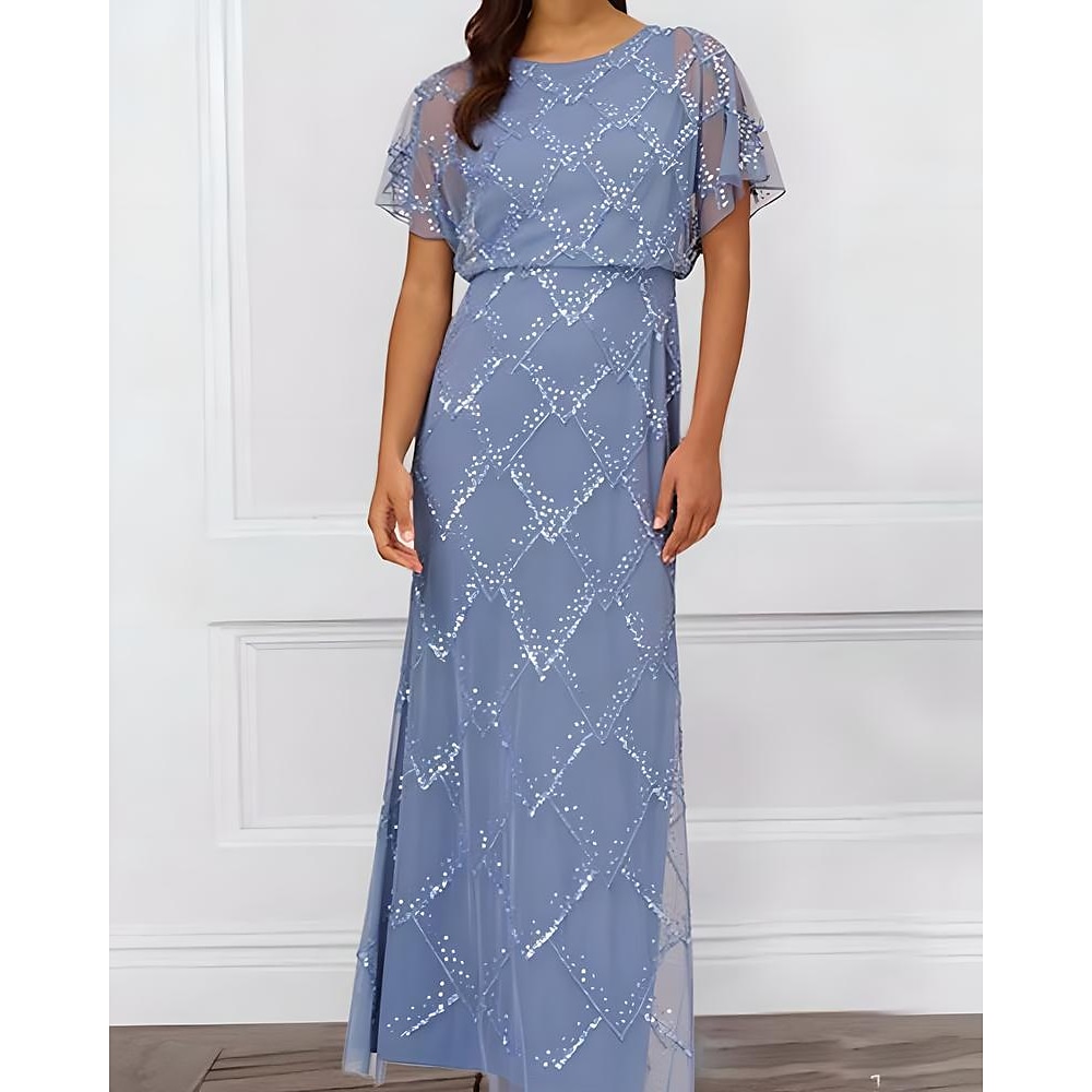 Etuikleid / Säulenkleid für die Mutter der Braut, eleganter Rundhalsausschnitt, bodenlang, geometrische Perlenapplikationen, Spitzenapplikationen, Tüll, ausgestellte Ärmel, kurze Ärmel, 2025 Lightinthebox