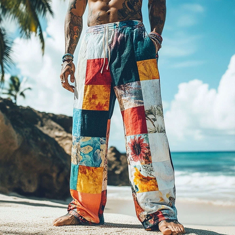 Herren Farbblock Patchwork Blumenmuster Hose Hosen Freizeithose Elastischer Kordelzug in der Taille Hawaiianisch Ethnisch Outdoor Urlaub Festtage Seitentaschen Hose mit geradem Bein Sommer Frühling Lightinthebox