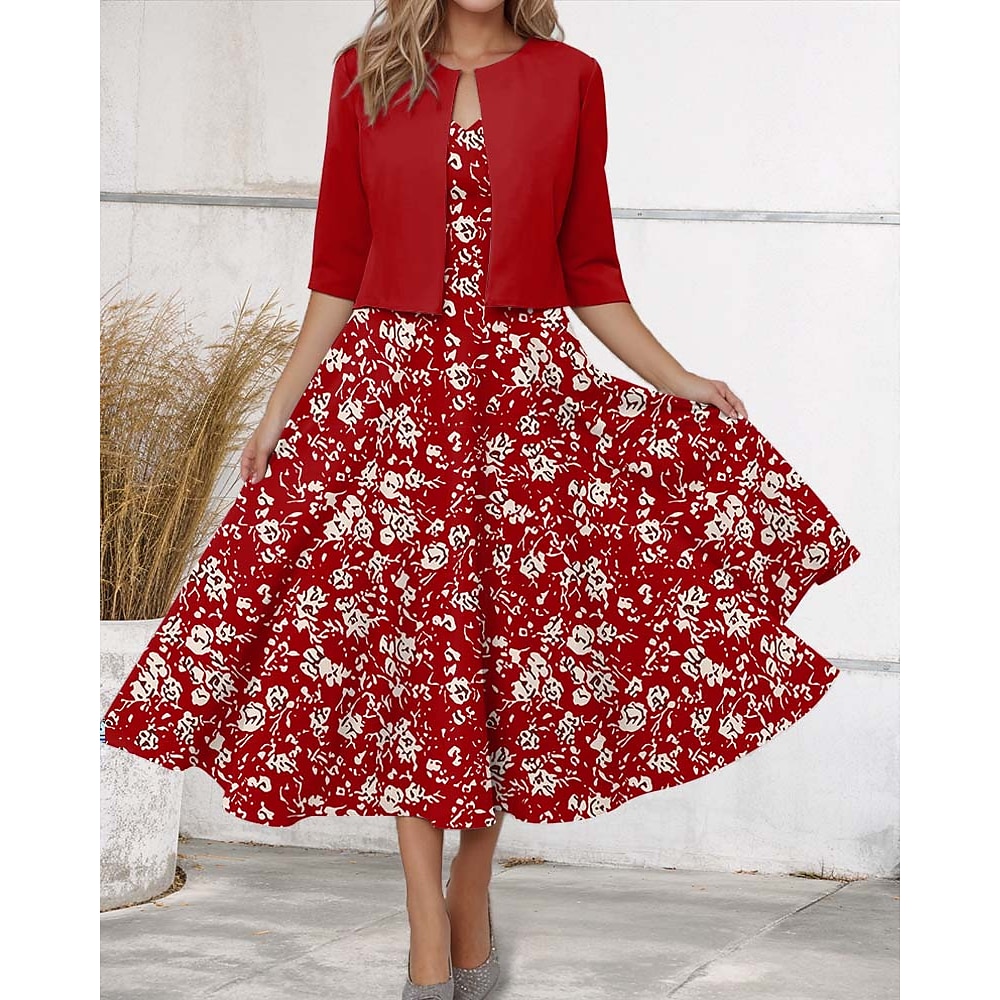 Damen Casual kleid Chiffon-Kleid Schaukelkleid Elegant Blumen Midikleid Halbe Ärmel V Ausschnitt Bedruckt Regular Fit Verabredung Rote Frühling Lightinthebox