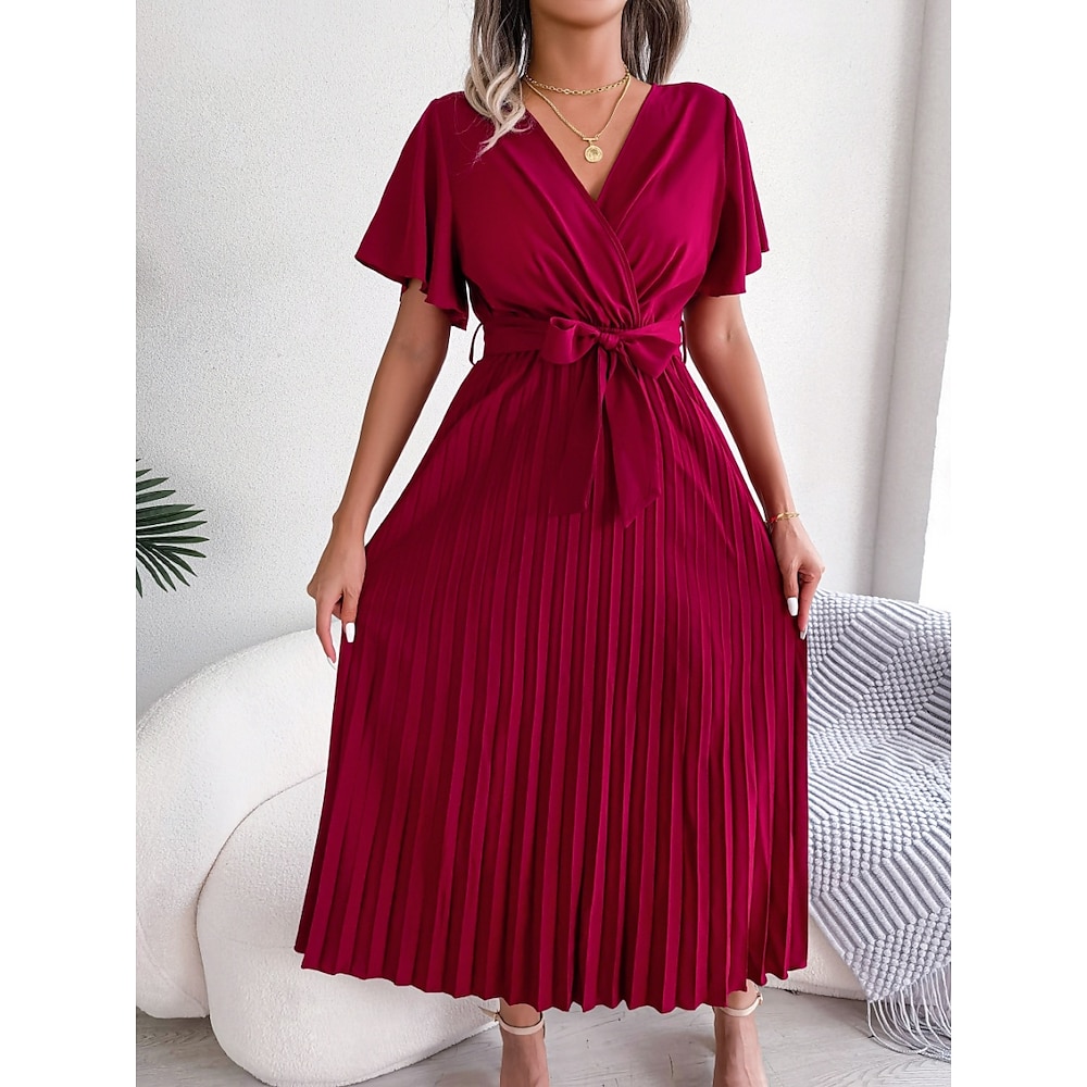 Damen Casual kleid A Linie Kleid Stilvoll Basic Brautkleider schlicht Glatt Midikleid Kurzarm V Ausschnitt Vorne binden Gefaltet Regular Fit Urlaub Täglich Rote Grün Sommer Frühling Lightinthebox