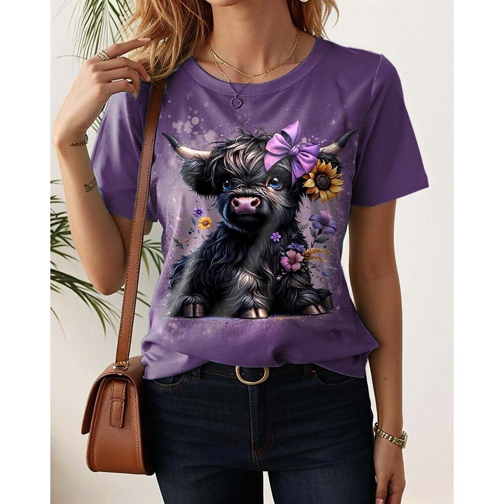 Damen T Shirt Tier Brautkleider schlicht Kurzarm Rundhalsausschnitt Normale Oberteile Täglich Bedruckt Purpur Sommer Lightinthebox
