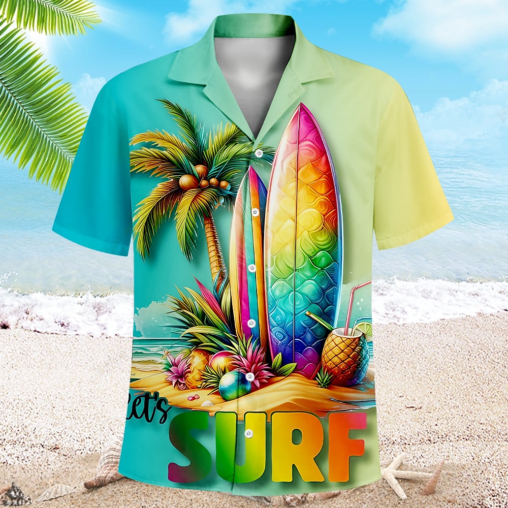 Herren Meer Hawaiihemd Sommerhemd Aloha-Shirt Kurzarm Hawaiianisch Urlaub Sommer Kubanisches Halsband Knopf hoch Grün Lightinthebox