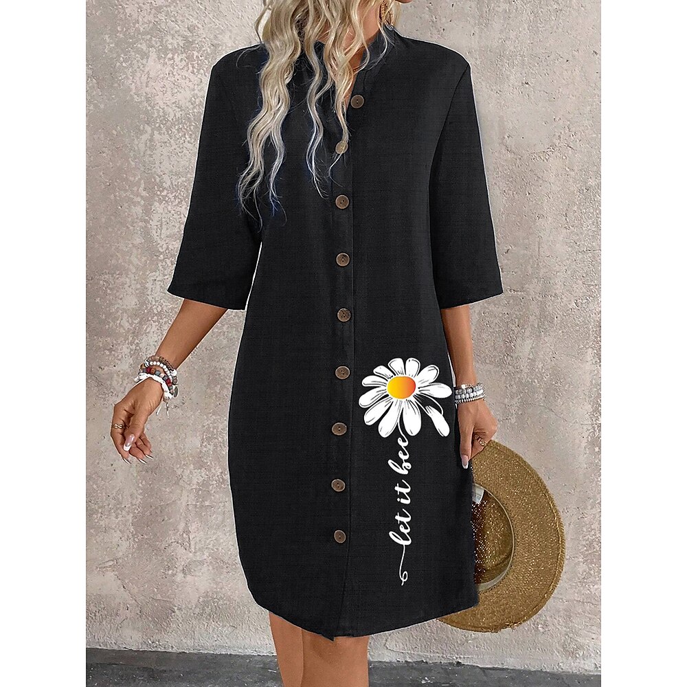 Damen Casual kleid Stilvoll Basic Brautkleider schlicht Blumen Minikleid 3/4 Ärmel V Ausschnitt Knopf Regular Fit Urlaub Täglich Schwarz Sommer Frühling Lightinthebox