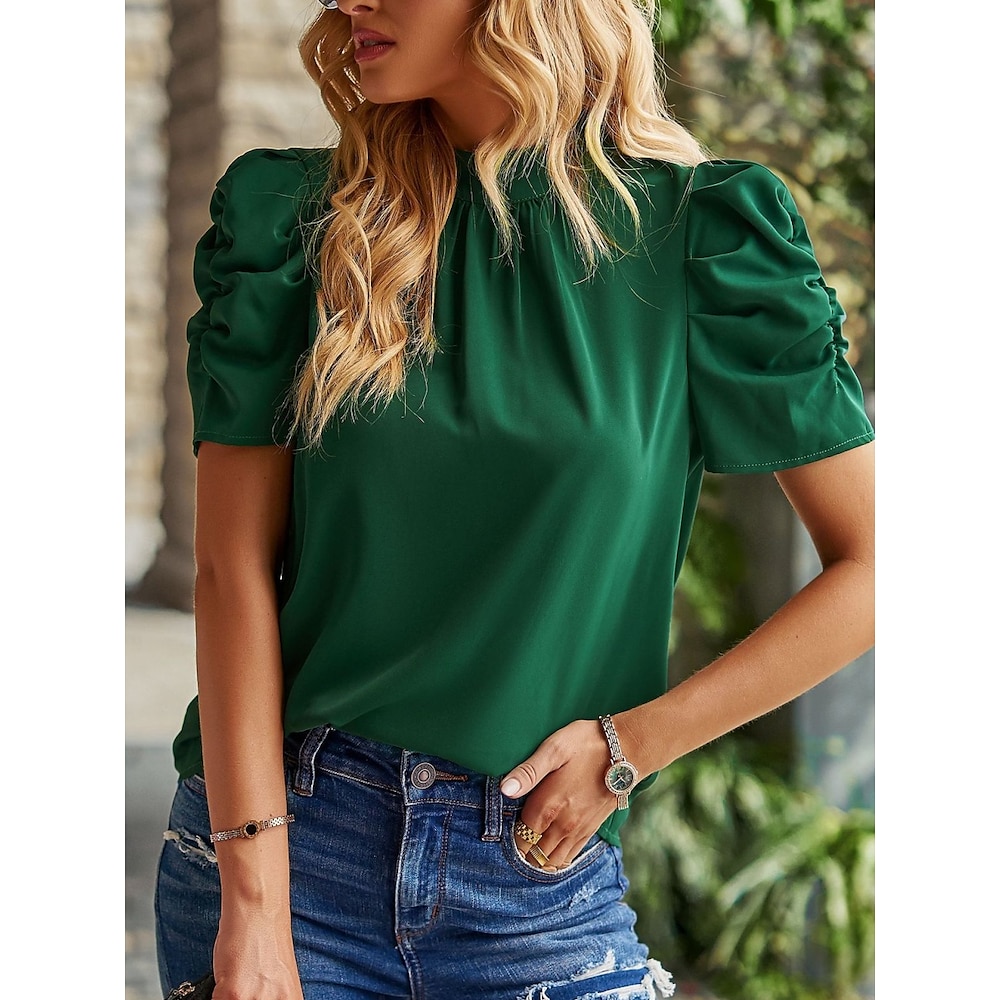 Damen Hemd Bluse Stilvoll Brautkleider schlicht Feste Farbe Normale Oberteile Kurzarm Rollkragen Schleife Regular Fit Täglich Fuchsie Grün Sommer Lightinthebox