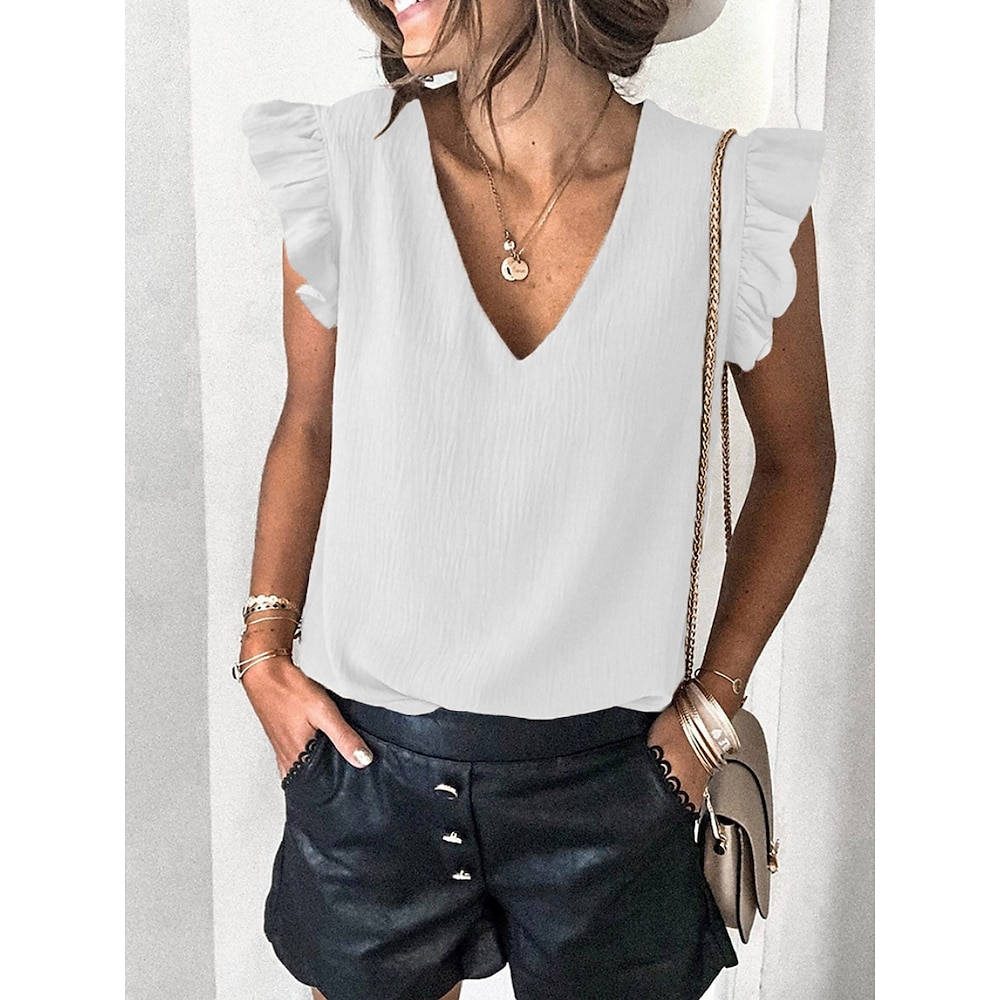 Damen Hemd Bluse Stilvoll Brautkleider schlicht Feste Farbe Normale Oberteile Ärmellos V Ausschnitt Rüsche Regular Fit Täglich Schwarz Weiß Khaki Sommer Lightinthebox