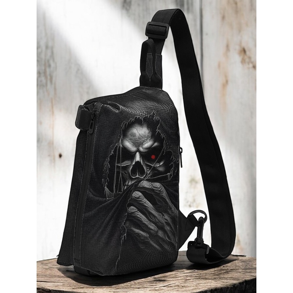 Umhängetasche für Herren im Gothic-Totenkopf-Stil, mehrere Taschen, großes Fassungsvermögen, schwarze Schultertasche mit verstellbarem Riemen, perfekt für die Freizeit, für Outdoor- und Lightinthebox