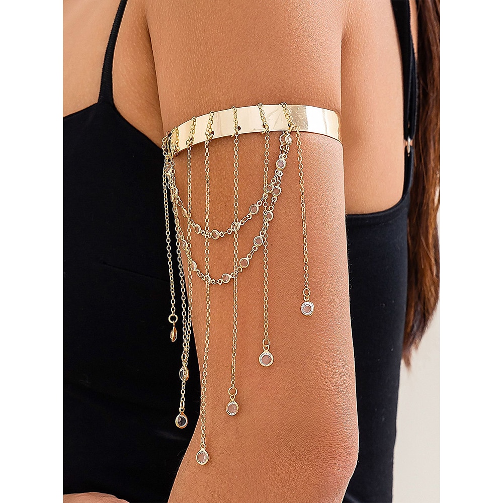 Armreif aus goldener Kette für Damen - eleganter verstellbarer Oberarmschmuck mit Strassquasten und baumelnden Ketten für Partys und besondere Anlässe Lightinthebox