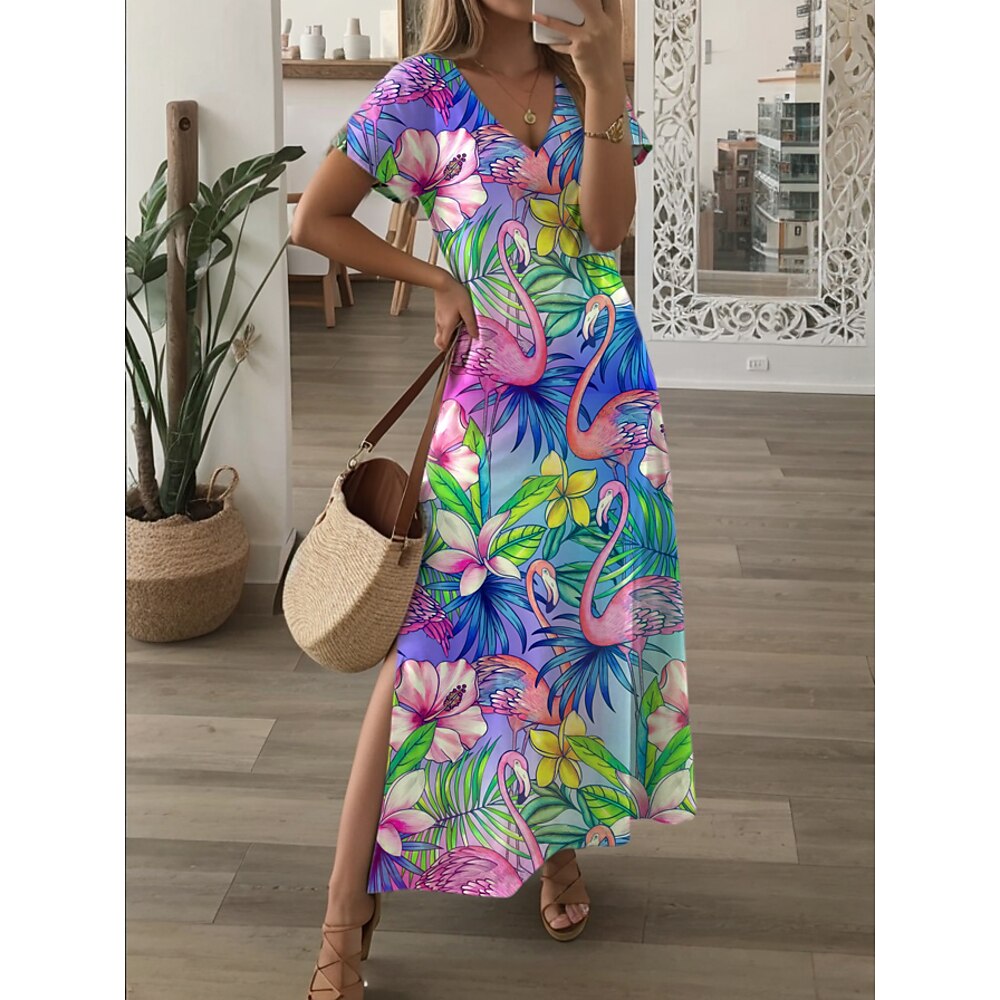 Damen Casual kleid A Linie Kleid Stilvoll Brautkleider schlicht Blumen Maxidress Kurzarm V Ausschnitt Bedruckt Regular Fit Urlaub Täglich Purpur Grün Frühling Herbst Lightinthebox