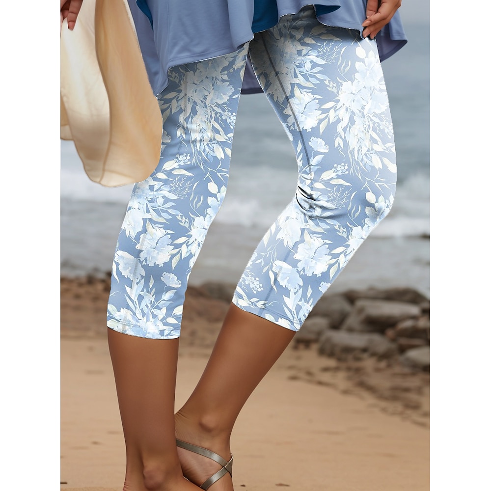 Damen Leggins Modisch Strassenmode In voller Länge Hoher Taillenbund Blumen Print warm Atmungsaktiv Weich Mikro-elastisch Outdoor Täglich Blau Herbst Winter Regular Fit Lightinthebox
