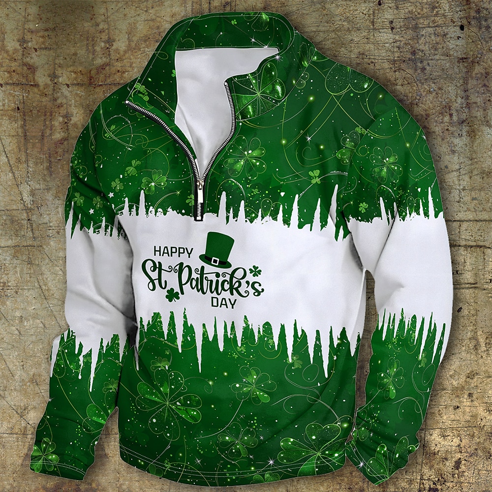 St. Patrick's Day Hoodies für Herren mit Grafik und Viertelreißverschluss, Kapuzenpullover, Stehkragen, Alltag, 3D-Druck, Urlaub, Ausgehen, Streetwear, grüner Druck, Frühling Herbstdesigner Lightinthebox