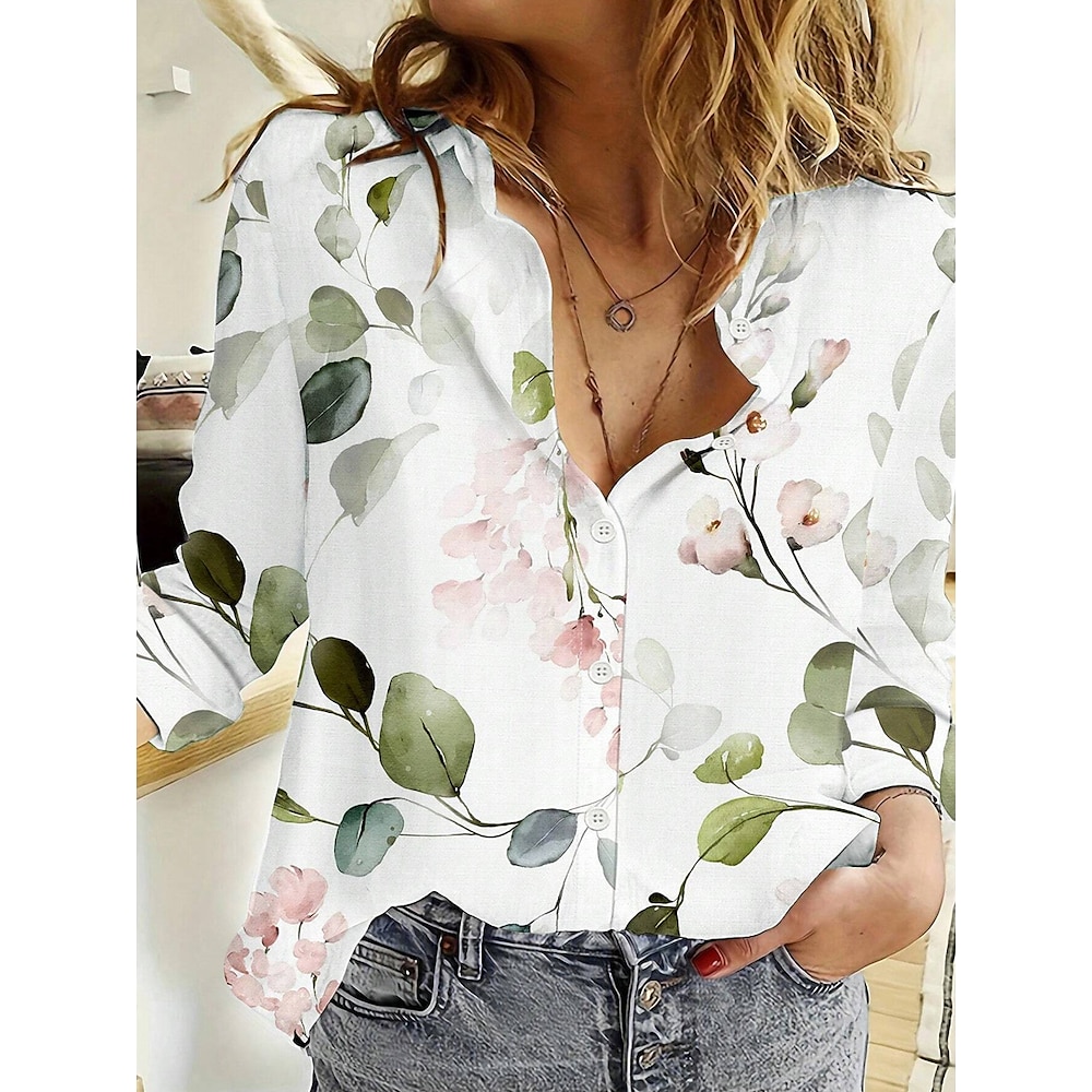 Damen Shirt Floral Alltag Stylisch Langarm Hemd Kragen Lange Tops Alltag Knöpfe Druck Hellgrün Sommer Frühling Herbst Lightinthebox