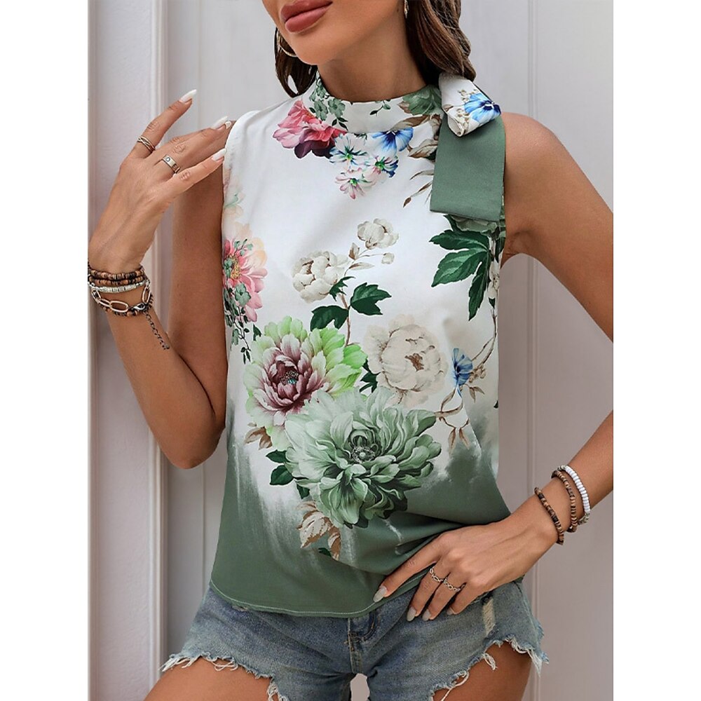 Damen Hemd Bluse Stilvoll Brautkleider schlicht Blumen Normale Oberteile Ärmellos Rollkragen Bedruckt Regular Fit Täglich Grün Sommer Lightinthebox