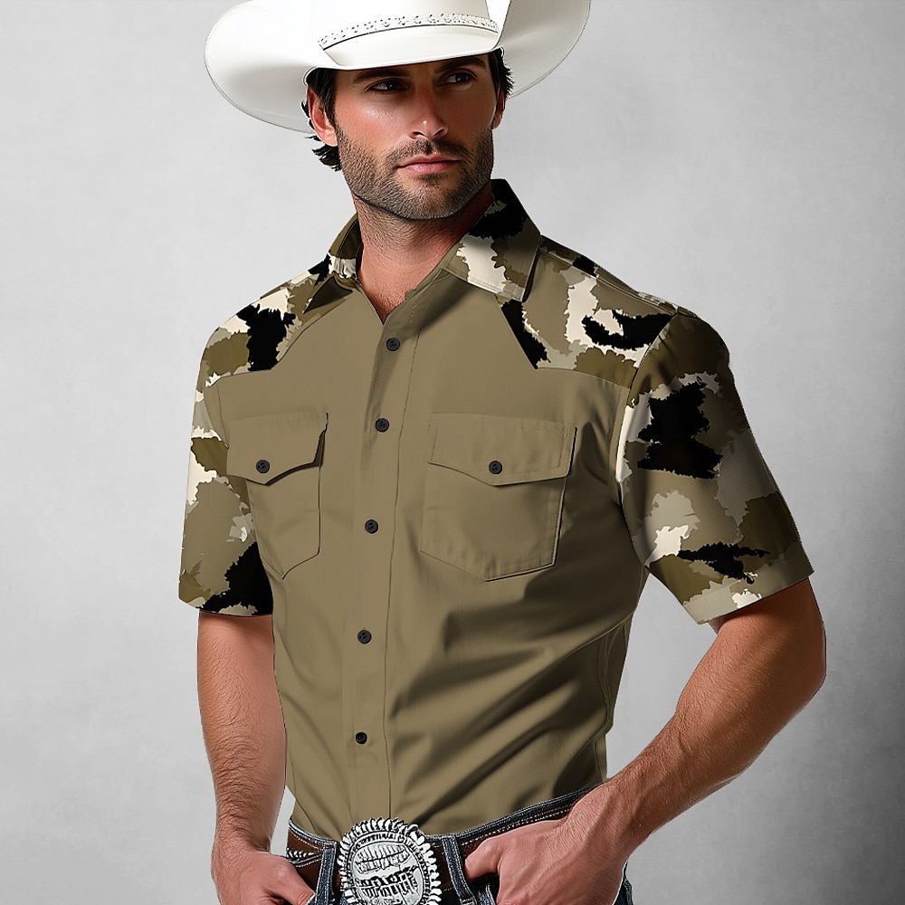 Herren Tarnfarben Westernhemd Knopfhemd Cowboy-Shirt Langarm Western Vintage-Retro Outdoor Casual Frühling Herbst Umlegekragen Hemden mit Kragen Zwei Fronttaschen Cachi scuro Braun Khaki Lightinthebox