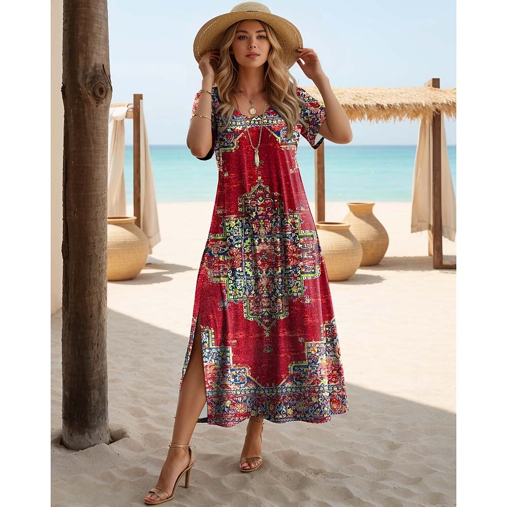 Damen Maxi Kleid T-Shirt Kleid Tee Kleid Strandkleid Shift Kleid Bohemia Urlaub Party Feiertag Reguläre Passform Vintage Bohemian Kurzarm Rundhalsausschnitt Schwarz Rot Navy Blau Blau Lightinthebox