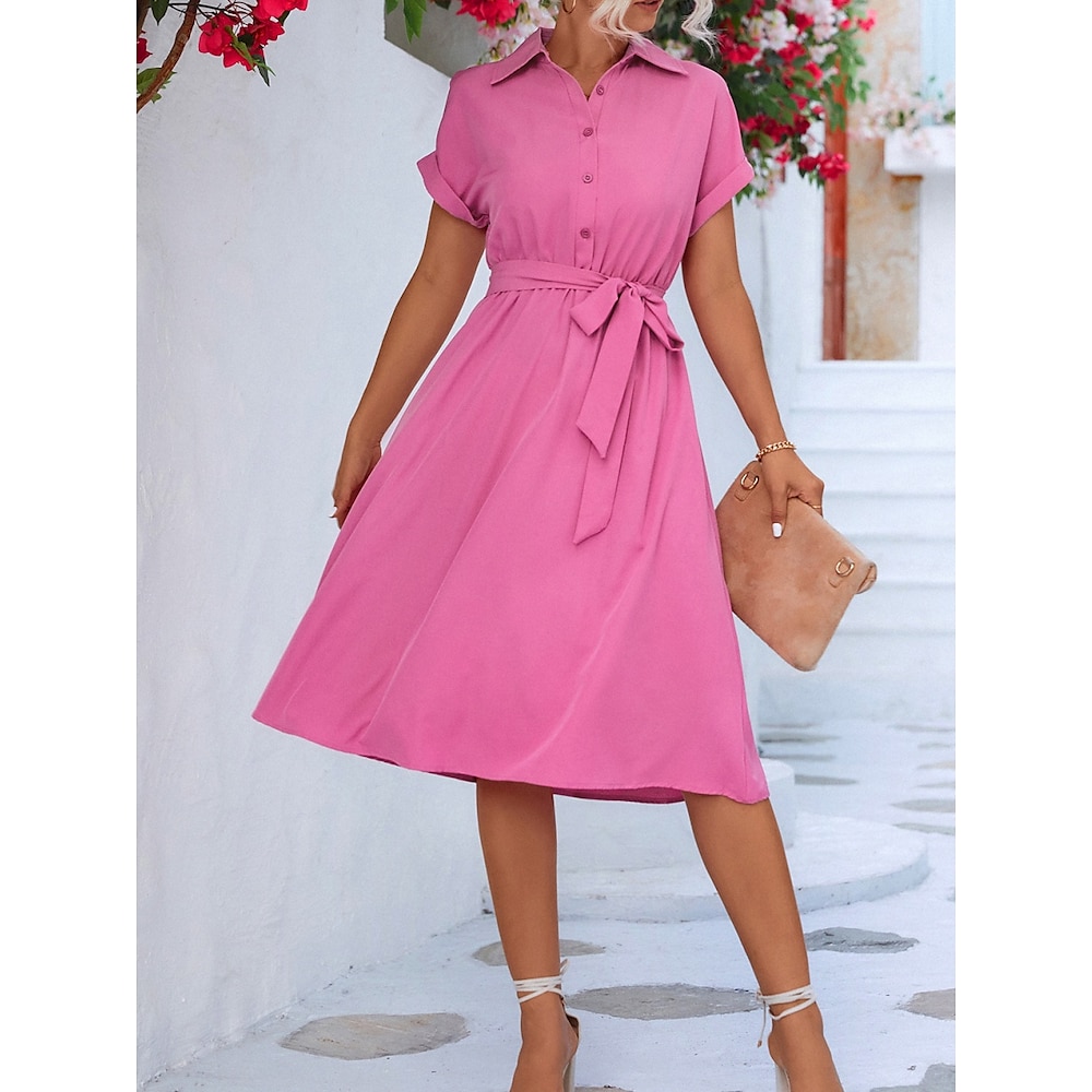 Damen blusenkleid Casual kleid A Linie Kleid Stilvoll Ausgefallene Glatt Midikleid Kurzarm Hemdkragen Vorne binden Knopf Regular Fit Arbeit Täglich Rosa Grün Sommer Frühling Lightinthebox