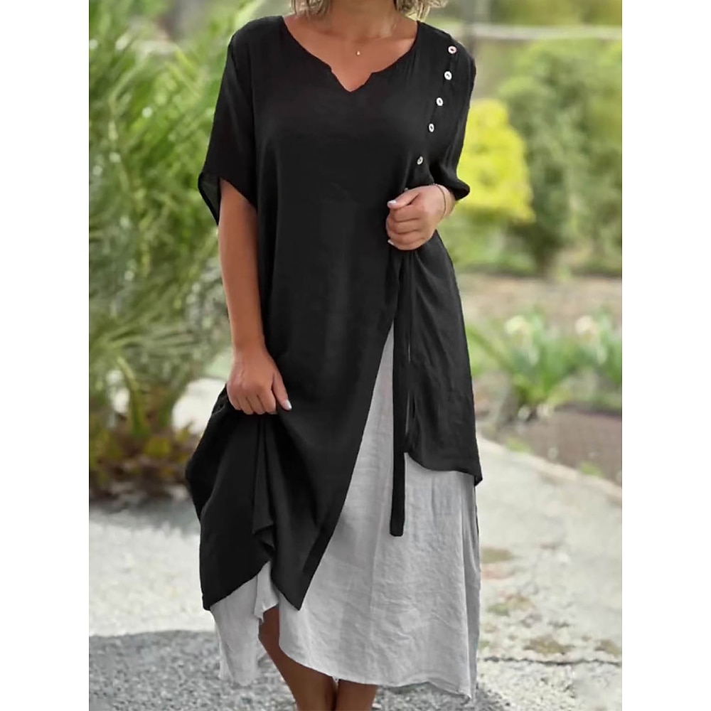 Damen Baumwoll-Leinenkleid A Linie Kleid Elegant Vintage Stilvoll Farbblock Midikleid Kurzarm V Ausschnitt Patchwork Lockere Passform Urlaub Täglich Verabredung Schwarz Blau Sommer Frühling Herbst Lightinthebox