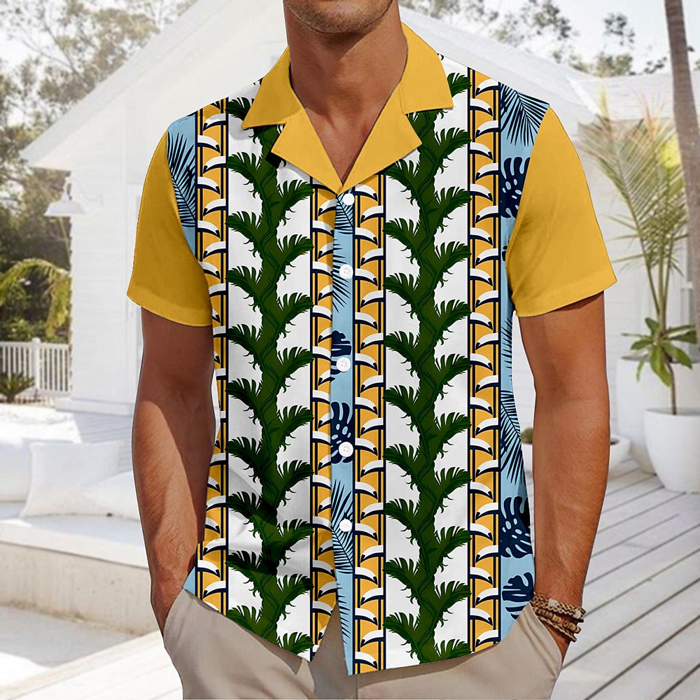 Herren Pflanzen Strandhemd Aloha-Shirt Kurzarm Hawaiianisch Urlaub Sommer Frühling Kubanisches Halsband Knopf hoch Gelb Lightinthebox