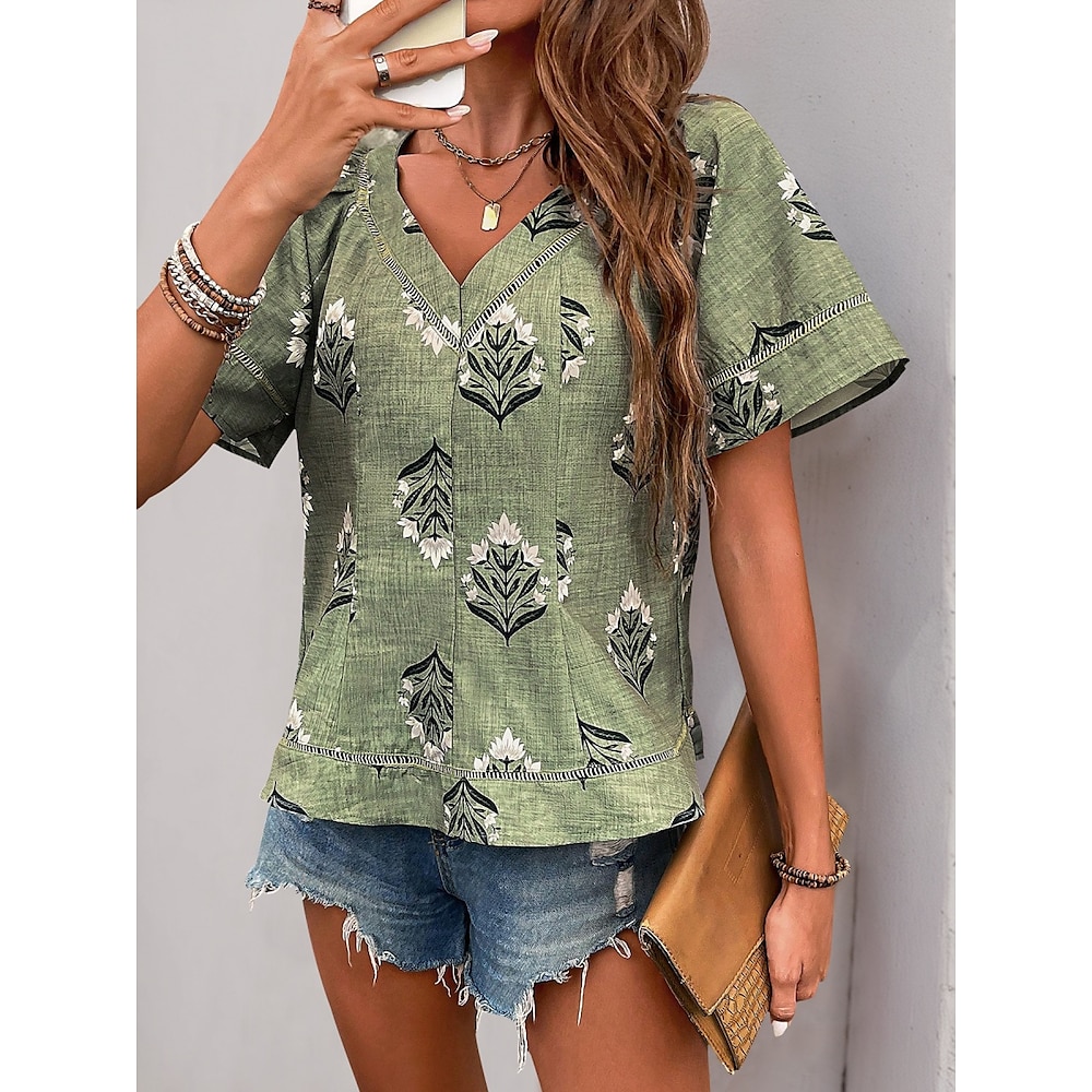 Damen Hemd Bluse Stilvoll Brautkleider schlicht Blumen Normale Oberteile Kurzarm V Ausschnitt Bedruckt Regular Fit Täglich Grün Sommer Lightinthebox