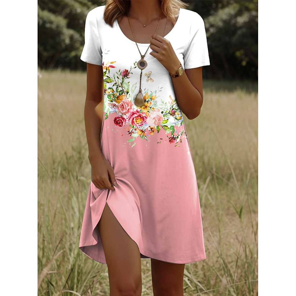 Damen Casual kleid Brautkleider schlicht Blumen Minikleid Kurzarm Rundhalsausschnitt Bedruckt Regular Fit Täglich Rosa Sommer Lightinthebox