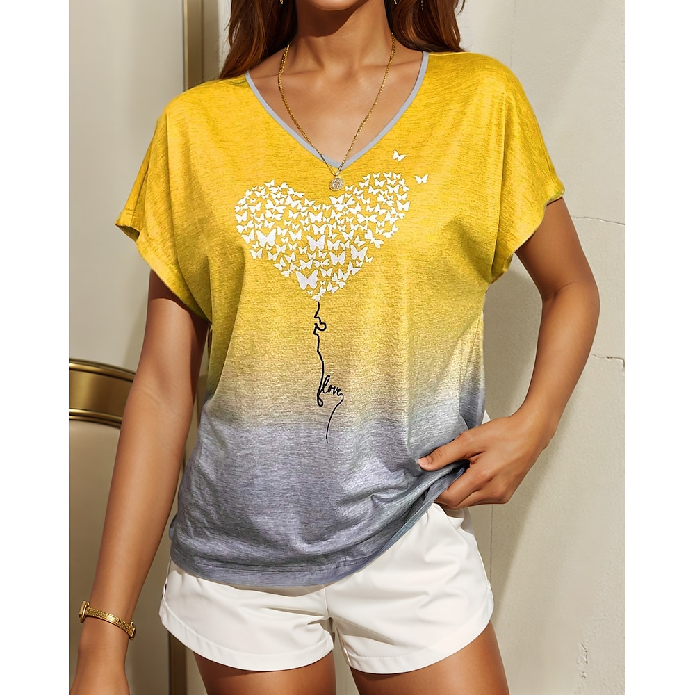 Damen T Shirt Stilvoll Brautkleider schlicht Valentinstag Farbverlauf Herz Normale Oberteile Kurzarm V Ausschnitt Bedruckt Regular Fit Täglich Gelb Sommer Lightinthebox