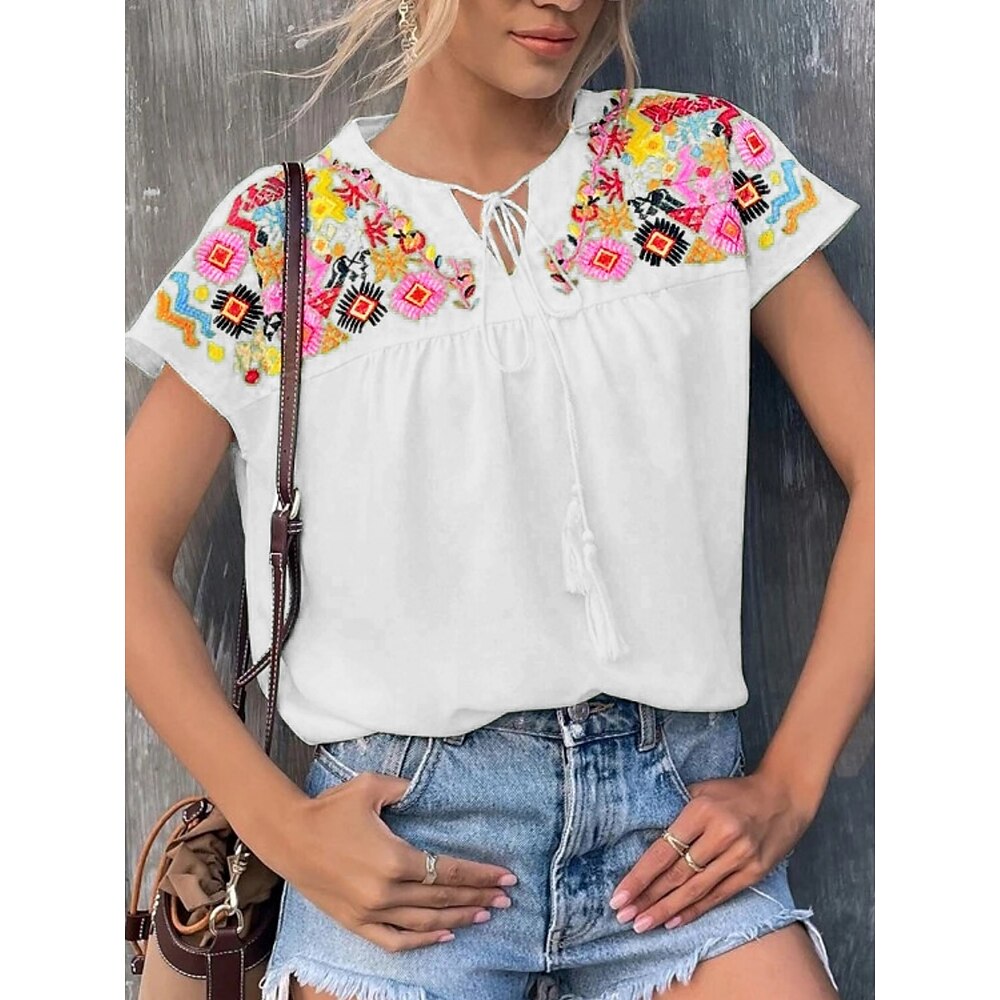 Damen Hemd Bluse Böhmen Stilvoll Brautkleider schlicht Blumen Normale Oberteile Kurzarm V Ausschnitt Vorne binden Patchwork Bestickt Regular Fit Täglich Weiß Grün Sommer Frühling Herbst Lightinthebox