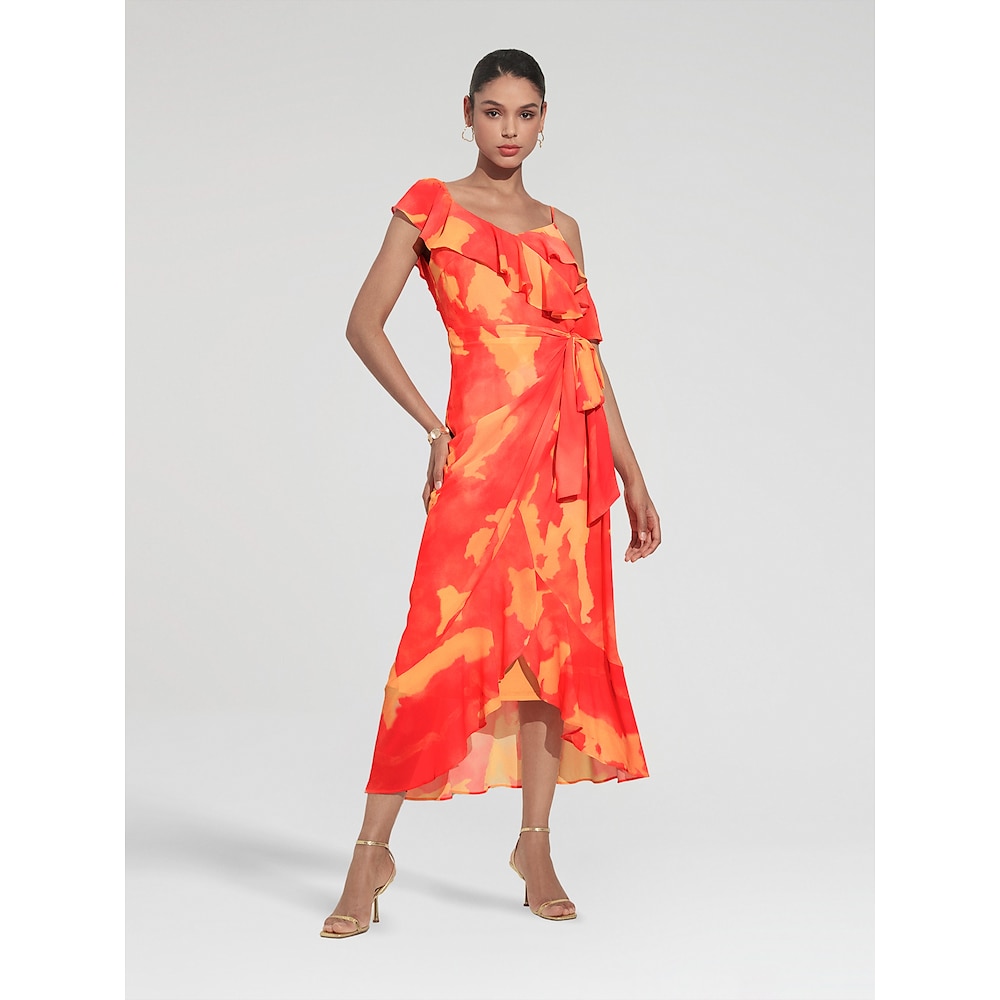 Damen Schößchenkleider für Hochzeitsgäste, Midikleid, lila/orange, kurze Ärmel, blühende Rüschen vorne, Schleife, Frühlingamp;sommer asymmetrisch romantisch s m l Lightinthebox