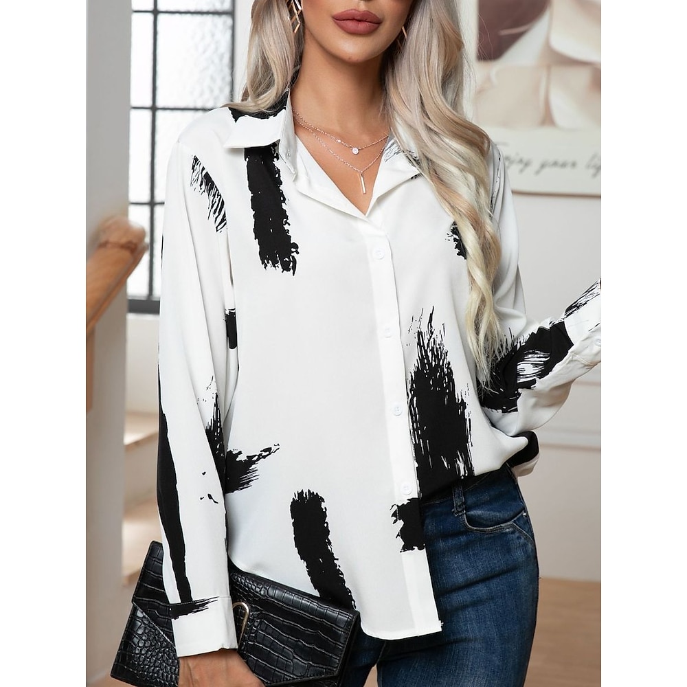 Damen Hemd Bluse Täglich Modern Brautkleider schlicht Geometrisch Normale Oberteile Langarm Hemdkragen Knopf Lockere Passform Arbeit Täglich Schwarz Weiß Sommer Frühling Lightinthebox