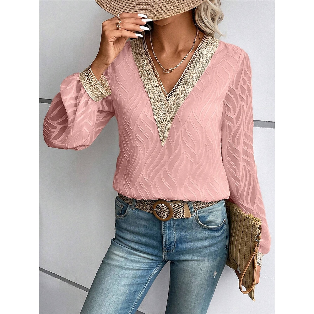 Damen Hemd Bluse Stilvoll Brautkleider schlicht Feste Farbe Normale Oberteile Langarm V Ausschnitt Spitze Bestickt Regular Fit Täglich Rosa Sommer Lightinthebox