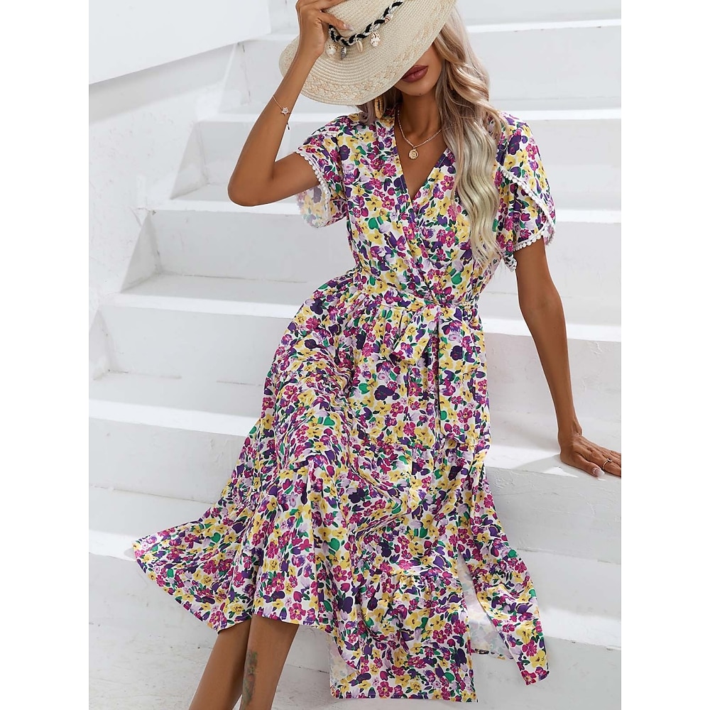 Damen Casual kleid Schaukelkleid A Linie Kleid Stilvoll Brautkleider schlicht Blumen Midikleid Kurzarm V Ausschnitt Vorne binden Bedruckt Regular Fit Urlaub Täglich Purpur Grün Sommer Lightinthebox