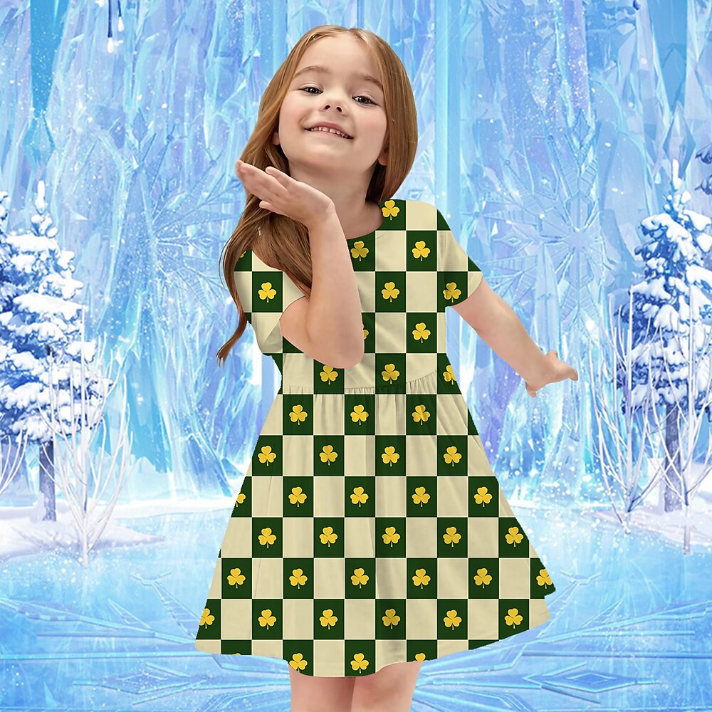 St. Patrick Mädchen' 3D Graphic Vierblättriges Kleeblatt Kleid Kurzarm Sommer Frühling Urlaub Täglich Festtage Prinzessin Schön Süß kinderkleidung 4-12 Jahre Casual kleid A Linie Kleid Knielang Lightinthebox