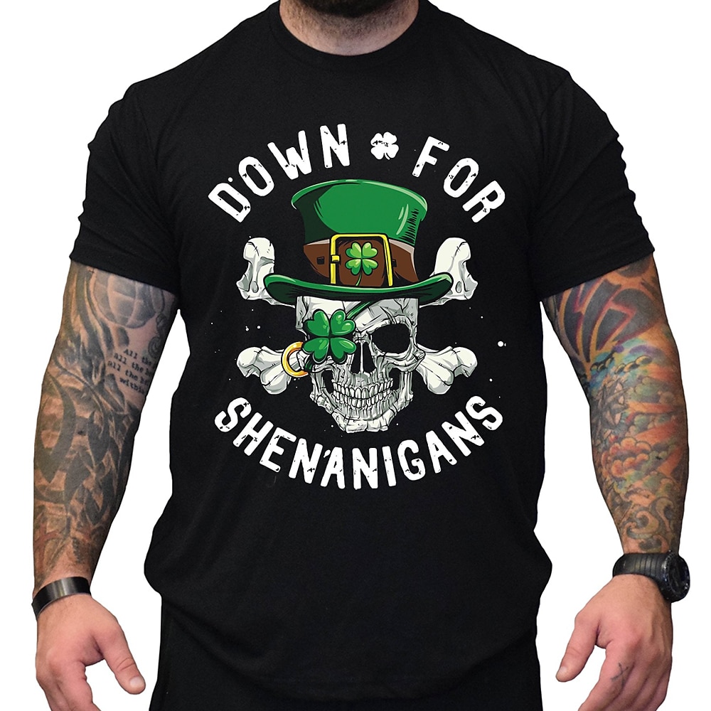 St. Patricks Day Herren Totenkopf Motiv Vierblättriges Kleeblatt Mit Buchstaben bedruckt T Shirt T-Shirt 100% Baumwolle Kurzarm Grafik Hemd Schwarz Armeegrün Dunkelblau Bequemes T-Shirt Urlaub Strasse Lightinthebox