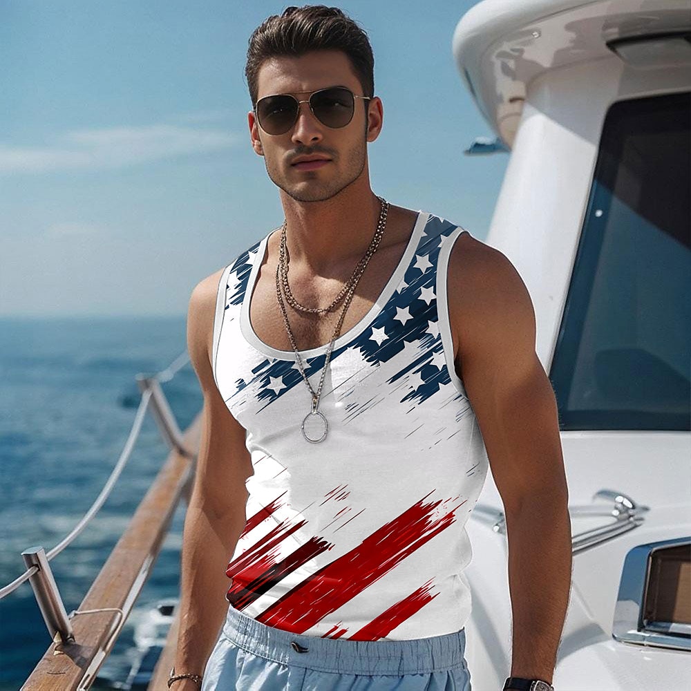 Herren Amerikanische US-Flagge T Shirt Shirt Ärmellos T-Shirt 3D-Druck Rundhalsausschnitt Hemd Urlaub Casual Hawaiianisch Festtage Weiß Sommer Frühling Bekleidung S M L XL XXL XXXL Lightinthebox