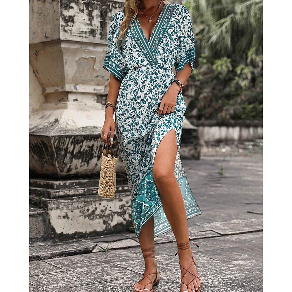 Damen Casual kleid A Linie Kleid Sommerkleid Boho-Kleid Hawaiianisch Stilvoll Blumen Midikleid Kurzarm V Ausschnitt Gespleisst Regular Fit Urlaub Täglich Verabredung Dunkelgrün Sommer Lightinthebox