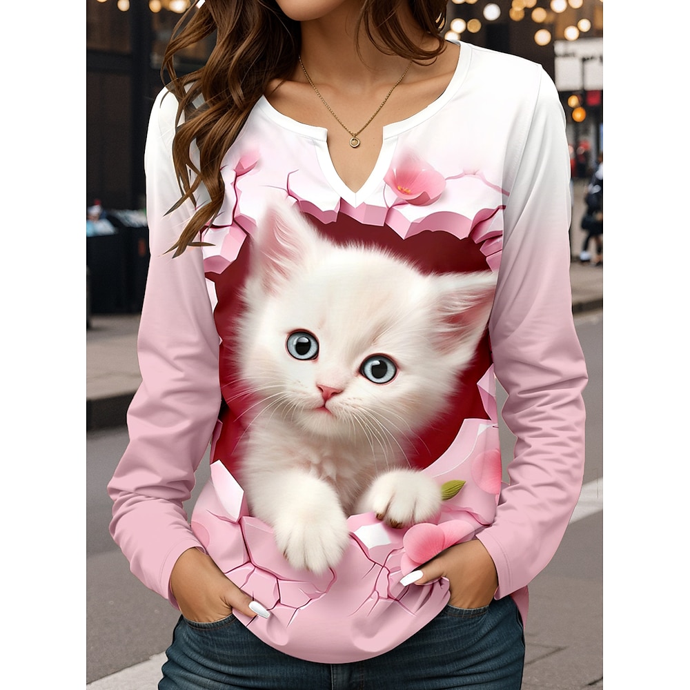 Damen T Shirt Tier Katze Brautkleider schlicht Langarm Gekerbter Hals Normale Oberteile Täglich Bedruckt Rosa Frühling Herbst Lightinthebox