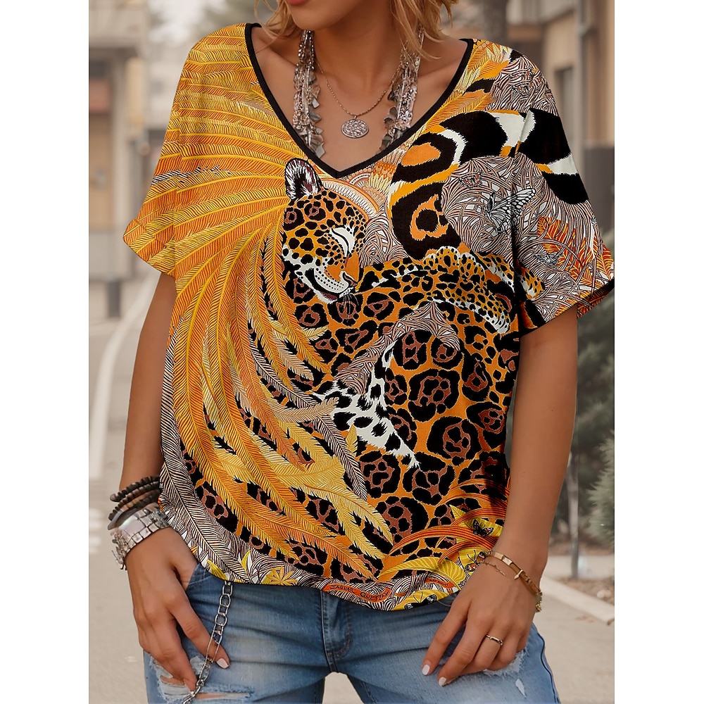 Damen T Shirt Vintage Brautkleider schlicht Tier Farbblock Normale Oberteile Kurzarm V Ausschnitt Bedruckt Täglich Orange Sommer Frühling Lightinthebox