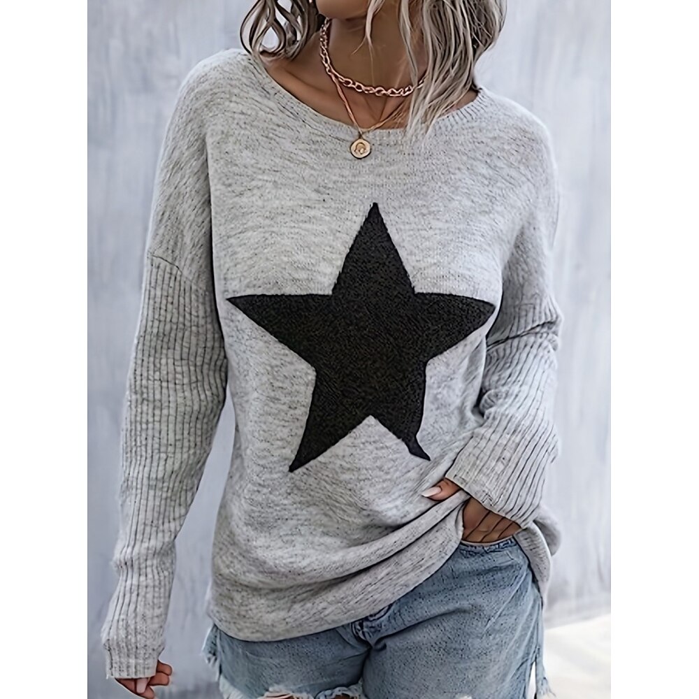 Damen Pullover Brautkleider schlicht Weich Stern Gerippt Rundhalsausschnitt Strick Langarm Normale Oberteile Stricken Outdoor Täglich Wochenende Grau Herbst Winter Lightinthebox