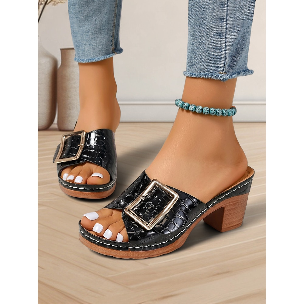 Schwarze Pantoletten mit Krokodilprägung und goldener Schnalle für Damen - stylisches Open-Toe-Design und Blockabsatz für lässige Sommer-Outfits und Partys Lightinthebox