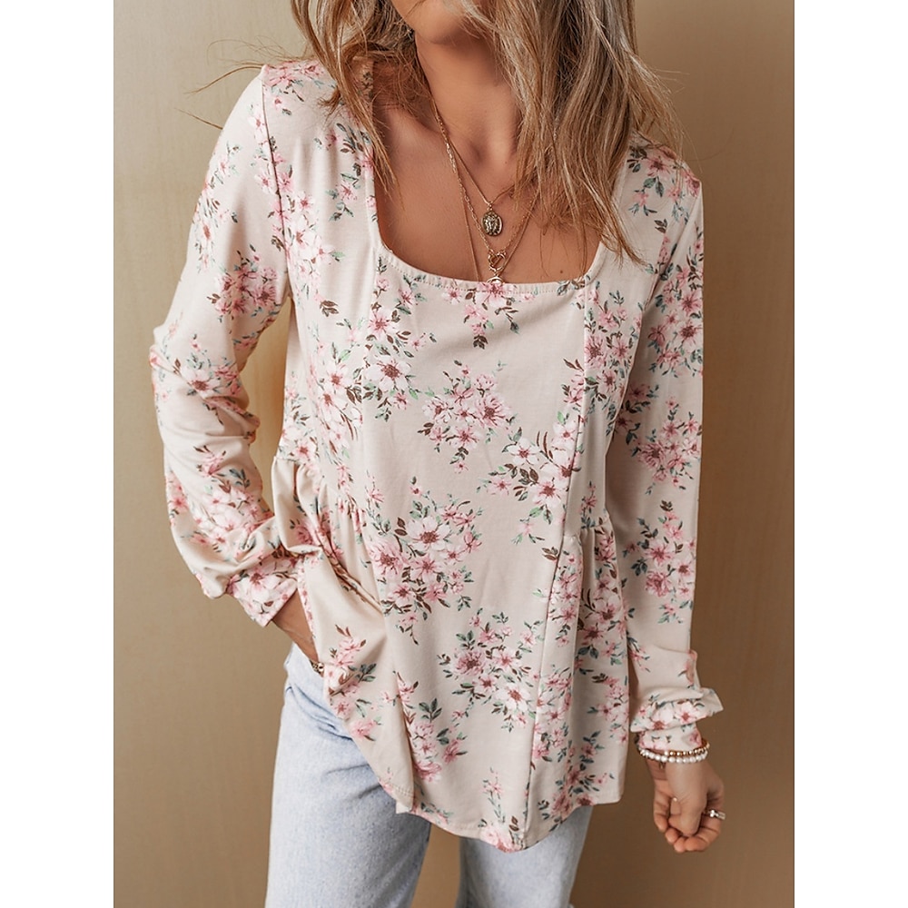 Damen Hemd Bluse Stilvoll Brautkleider schlicht Blumen Normale Oberteile Langarm U-Ausschnitt Bedruckt Regular Fit Täglich Rosa Sommer Frühling Herbst Lightinthebox