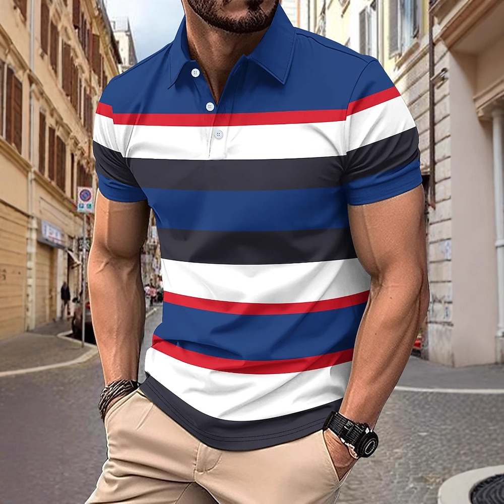 Herren Polo Business-Polo Geschäft Casual Kargen Klassisch Kurzarm Farbblock Streifen Knopf Sommer Frühling Herbst Marineblau Kaffee Grau Polo Lightinthebox