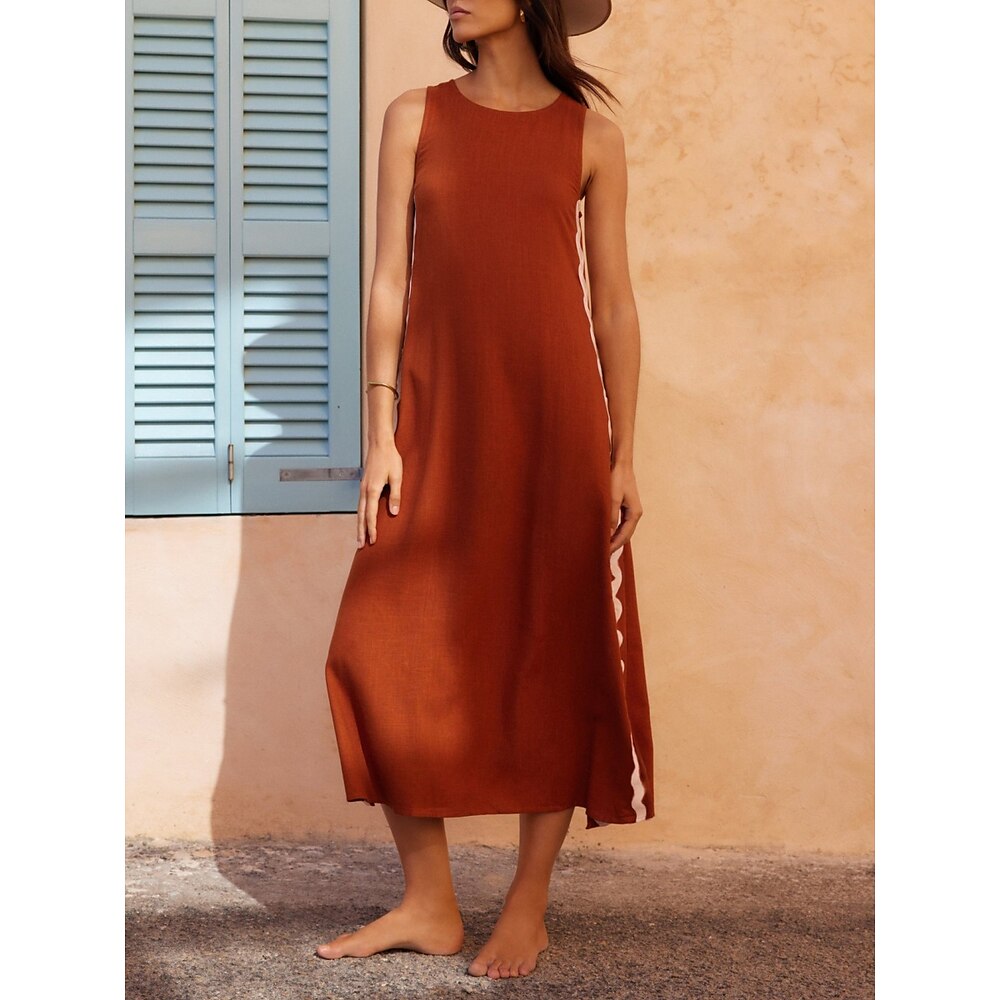 Damen Casual kleid Boho Chic Kleider Tank-Top Kleid Böhmen Brautkleider schlicht Boho Glatt Maxidress Kurzarm Rundhalsausschnitt Patchwork Lockere Passform Urlaub Täglich Strand Rote Braun Sommer Lightinthebox