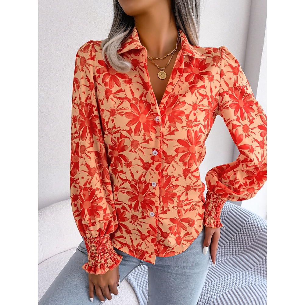 Damen Hemd Bluse Stilvoll Brautkleider schlicht Blumen Normale Oberteile Langarm Hemdkragen Knopf Bedruckt Regular Fit Täglich Blau Orange Sommer Frühling Herbst Lightinthebox