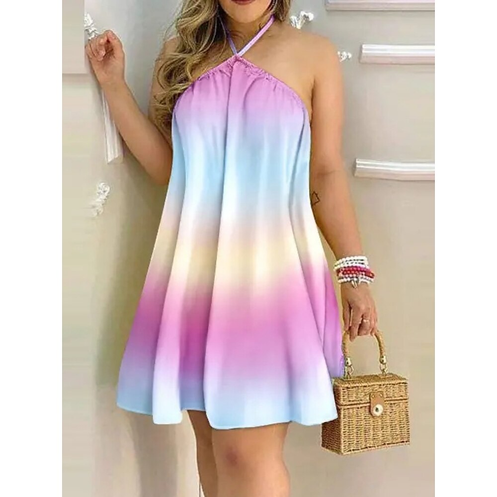 Damen Casual kleid skims dress Stilvoll Brautkleider schlicht Farbverlauf Streifen Minikleid Ärmellos Halfterhals Rückenfrei Bedruckt Regular Fit Urlaub Täglich Marineblau Purpur Sommer Lightinthebox