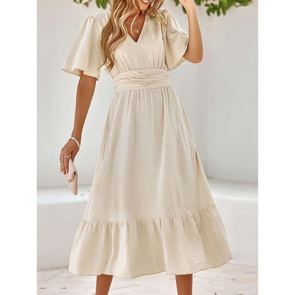 Damen Casual kleid A Linie Kleid Stilvoll Basic Brautkleider schlicht Glatt Midikleid Kurzarm V Ausschnitt Rüschen Rüsche Regular Fit Urlaub Täglich Aprikose Sommer Frühling Lightinthebox