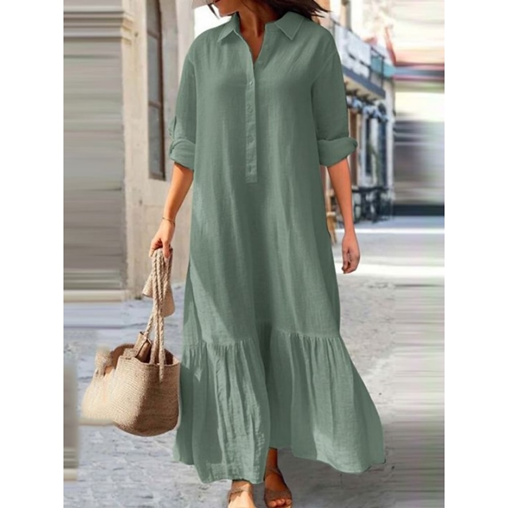 Damen blusenkleid Casual kleid Baumwoll-Leinenkleid Basic Brautkleider schlicht Glatt Maxidress Langarm V Ausschnitt Rüsche Knopf Regular Fit Urlaub Täglich Rosa Grün Khaki Dunkelblau Sommer Frühling Lightinthebox