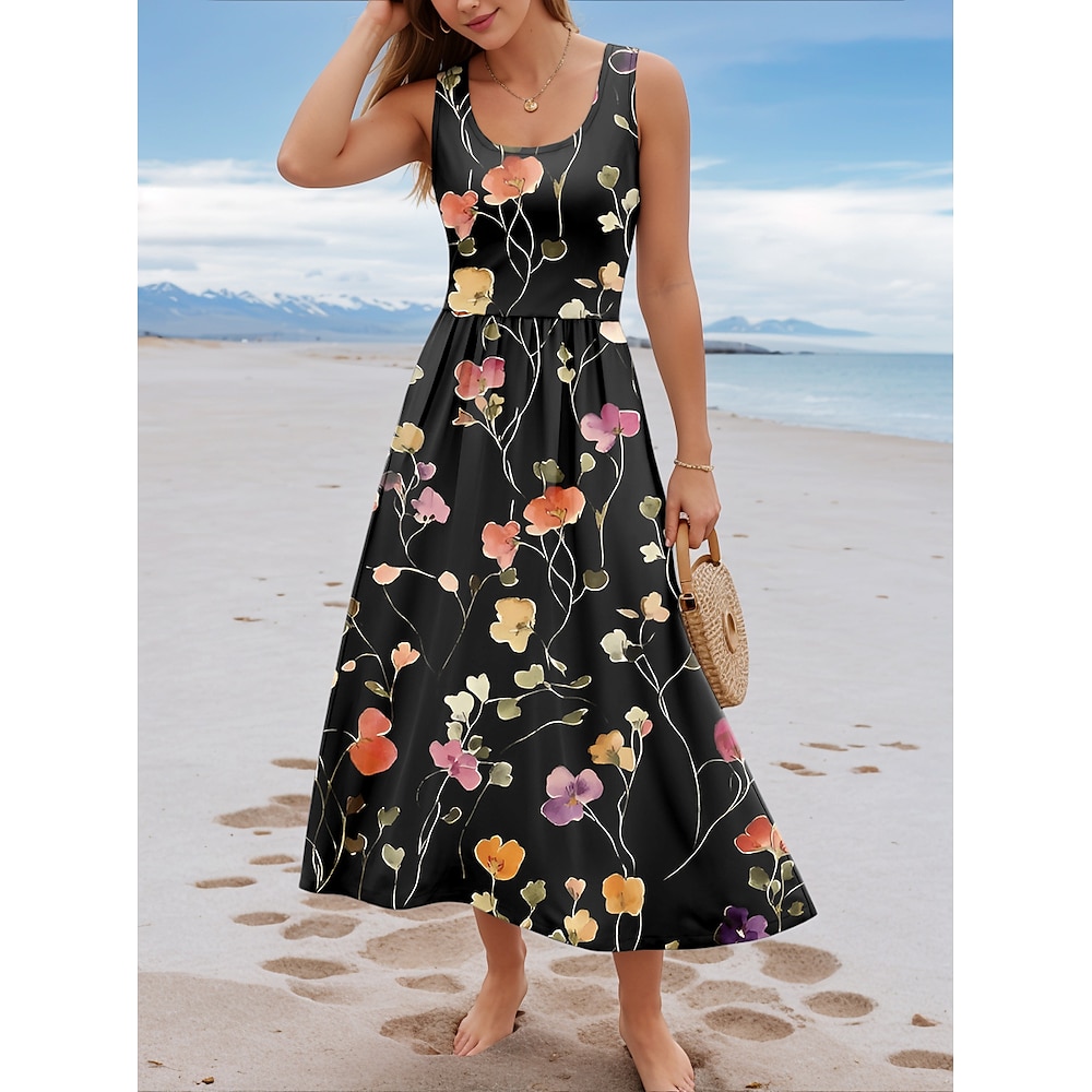 Damen Casual kleid Brautkleider schlicht Blumen Midikleid Ärmellos U-Ausschnitt Bedruckt Regular Fit Täglich Schwarz Sommer Lightinthebox