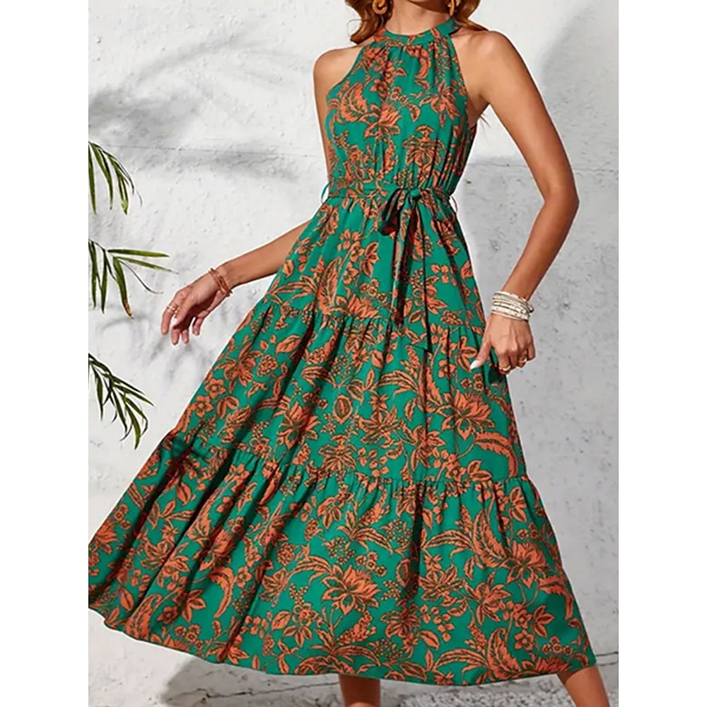 Damen Casual kleid Schaukelkleid A Linie Kleid Boho-Kleid Böhmen Vintage Brautkleider schlicht Blumen Maxidress Ärmellos Halfterhals Bedruckt Regular Fit Urlaub Täglich Grün Sommer Lightinthebox