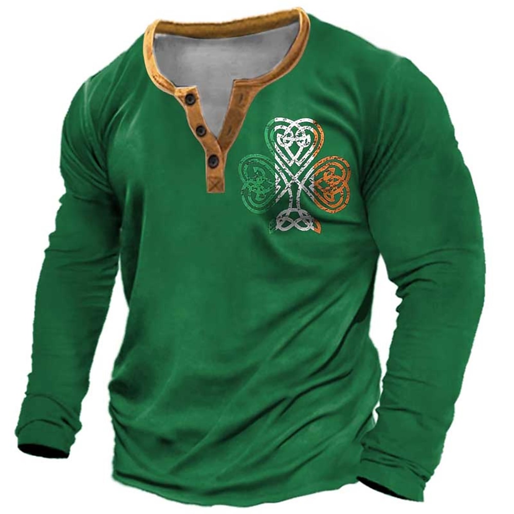 Herren St. Patrick Graphic Clover Henley Shirt Langarm Modisch Kuschelig Täglich Casual Festtage Ausgehen Frühling Herbst Schwarz Braun Grün Hellgrau Henley Henley T-Shirt Lightinthebox