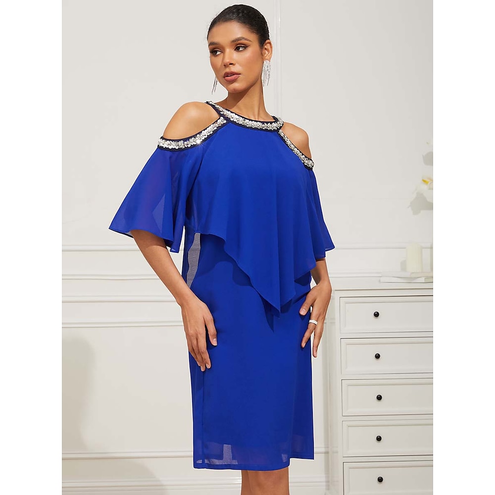 Damen Etuikleid Elegant Ausgefallene Midikleid Kurzarm Flattrige Ärmel Asymmetrisch Pailletten Fließend Regular Fit ChiffonDresseskleid hochzeitsgast Cocktailparty Königliches Blau Sommer Lightinthebox